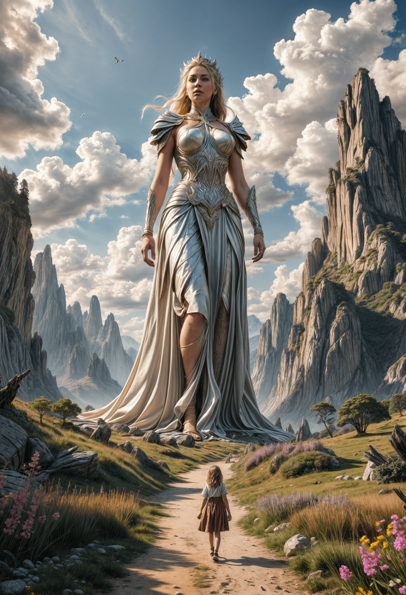 A giant towering woman walking through a very beautiful landscape, little people