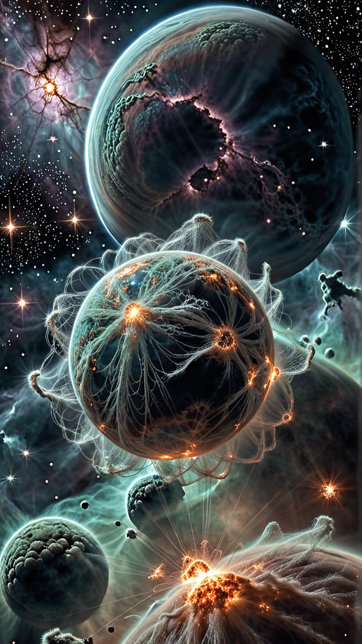 A view of galaxies in a parallel universe where the known rules of nature do not apply. Fuzzy nebula of dull colored cloudy cobwebs, glowing filaments connect stars and planets in blurred expressions of the unseen.