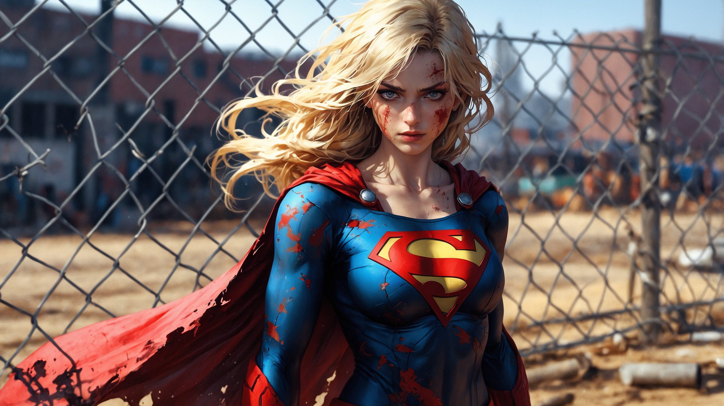 Image is a stylized, high-contrast photograph featuring a woman dressed in a tattered superhero costume resembling supergirl. The costume is blue with a red and yellow 's' logo on the chest, and a red skirt, both of which are torn and bloodstained. The woman has long, wavy blonde hair and fair skin, with blood and dirt smeared across her face and body. She stands in an urban setting with a blurred background of buildings and a chain-link fence, suggesting a post-apocalyptic or battle scene. The overall tone of the image is gritty and intense, with a focus on the character's determined expression and the dramatic state of her attire.