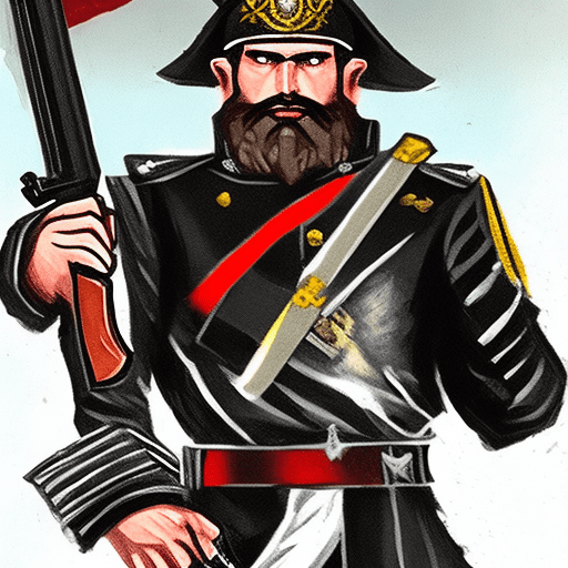 All based on warhhamer 40k, a man with short hair and beard, wearing a commissar's outfit, holding a sword in his right hand, holding a revolver in his left hand, sitting in a high-ranking officer's chair.