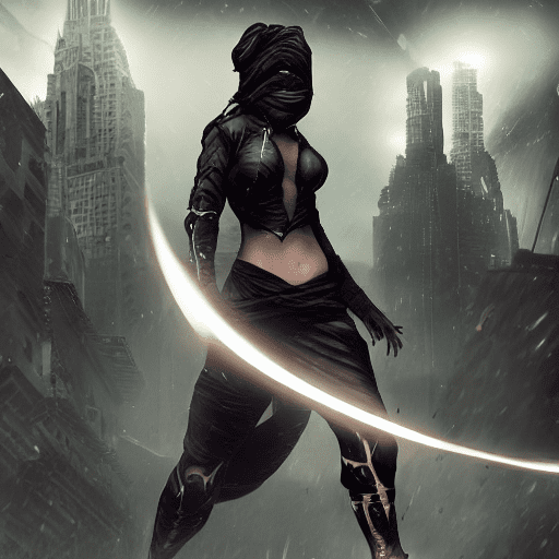 Digital artwork, concept art, a female ninja with prompt hero logo on her chest, standing on rooftop with a dark dystopian city in the background, dynamic pose, fierce, comics style, extremely intricate, extremely detailed, ominous lighting, dramatic lighting, dark stormy night, shot with hasselblad, long exposure