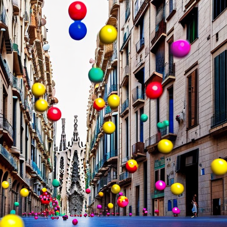 Tiny multicolored balls bouncing down a street in barcelona, with sagrada famila at the back, creating a whimsical, cinematic atmosphere.