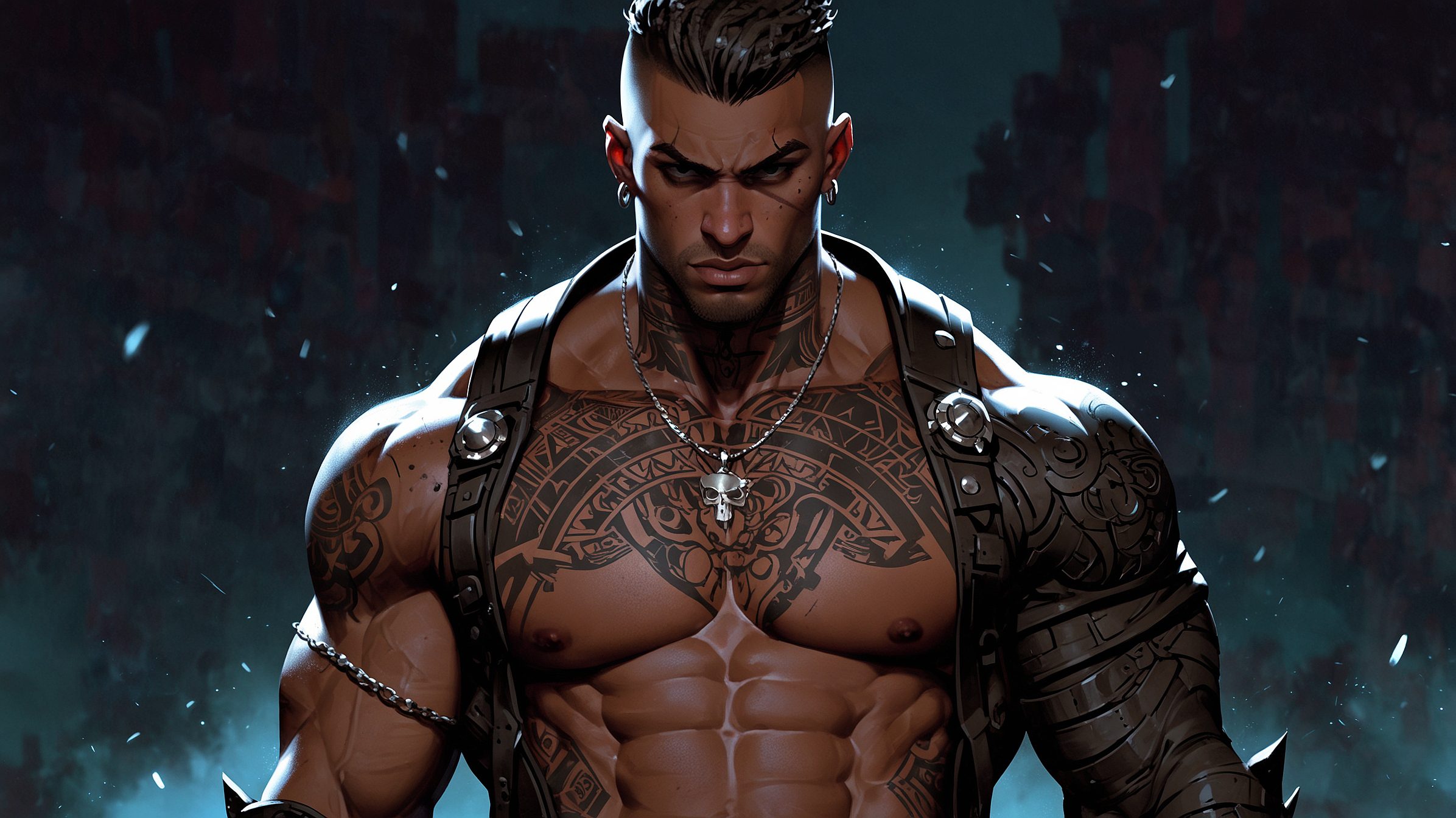 Highly stylized and dramatic portrait of a muscular man with a dark, intense atmosphere. The subject has a strong, chiseled face with a stern expression, dark skin, and prominent facial tattoos. His hair is styled in a high, spiked mohawk. He is shirtless, showcasing his well-defined, muscular physique adorned with various tattoos. He wears a tactical vest with multiple straps and a belt with pouches, suggesting a military or combat theme. The background is a gradient of dark tones, emphasizing the subject's powerful presence and detailed features.