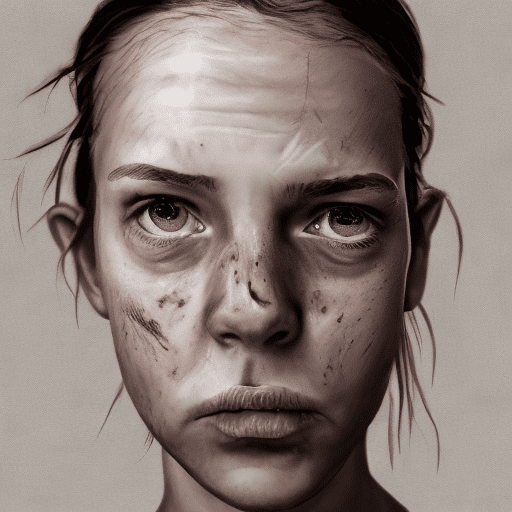 A girl. Thin lips. Grimace face. Highly detailed face. White background. White tshirt. Brown eyes. Brown hair. Grimace face. Her skin is imperfect with blemishes and uneven texture. Her expression seems tired or strained, creating a stark and unrefined look. Skin imperfections, , facial wrinkles , skin texture , wrinkles , realistic: