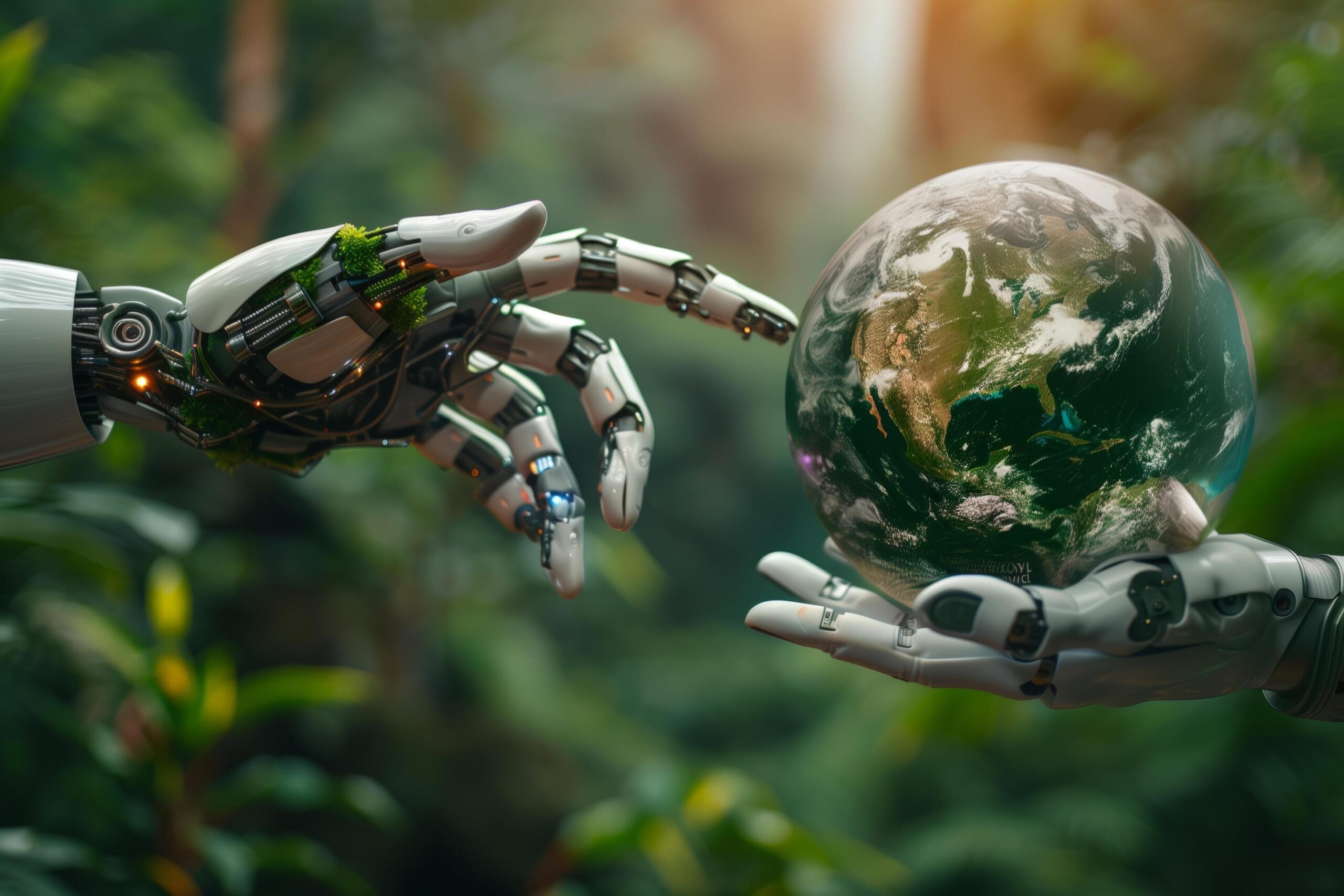 Robot-hands-touching-a-globe-environmentally-sustainable-in-forest-ai-concept-free-photo