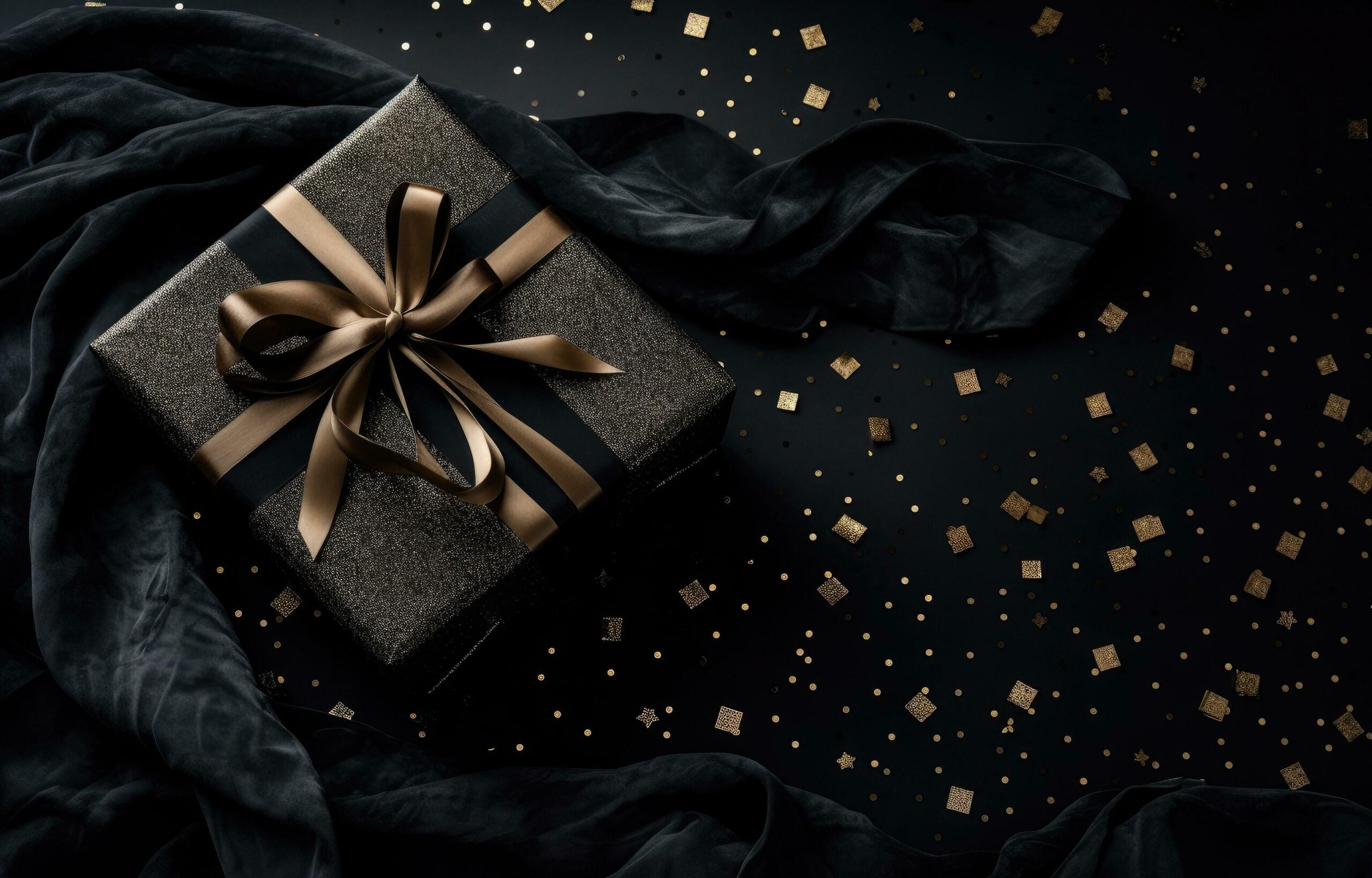 Ai-generated-a-christmas-gift-over-a-black-background-with-gold-confetti-free-photo