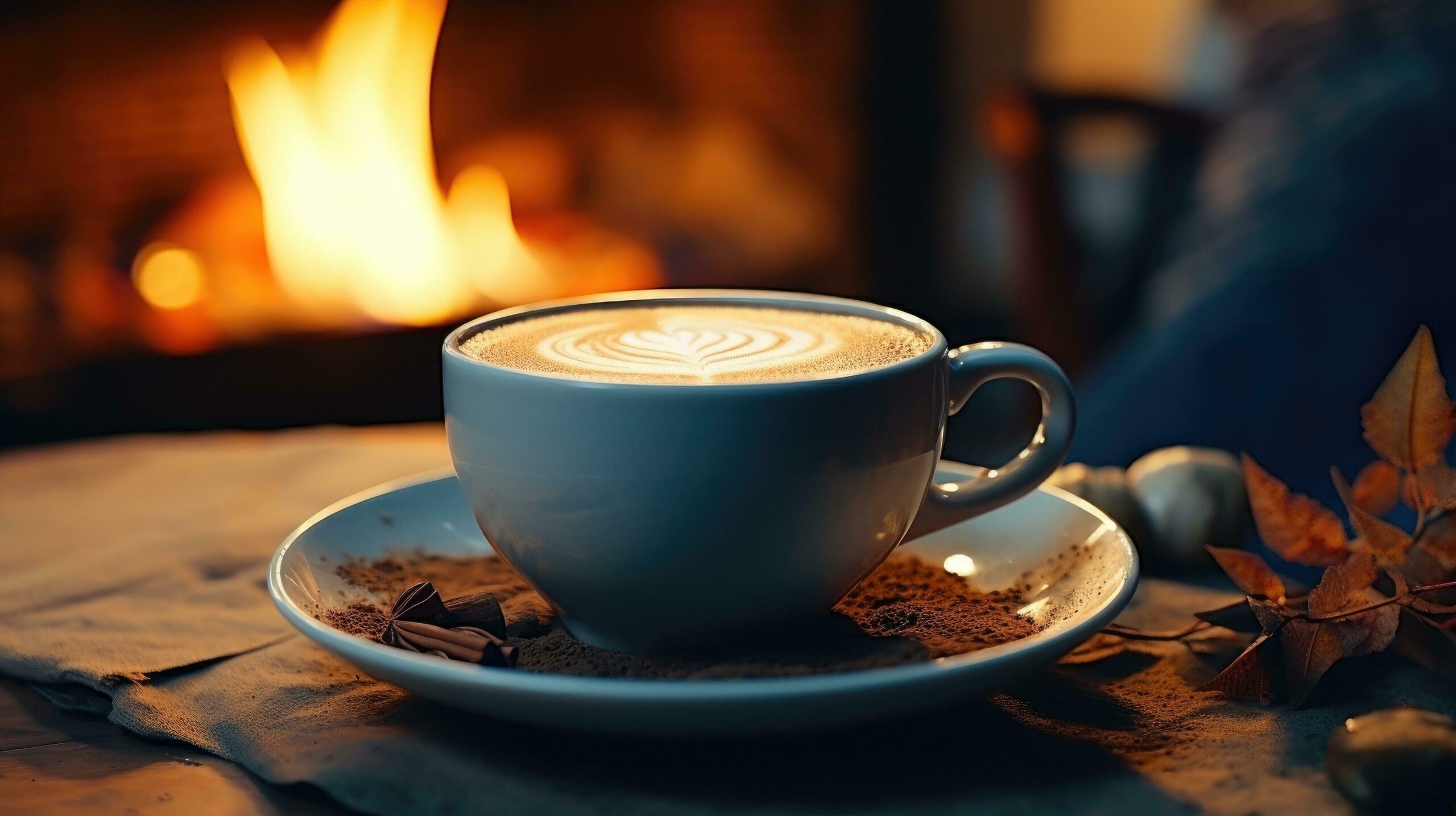 Ai-generated-a-cup-of-coffee-by-a-fire-free-photo