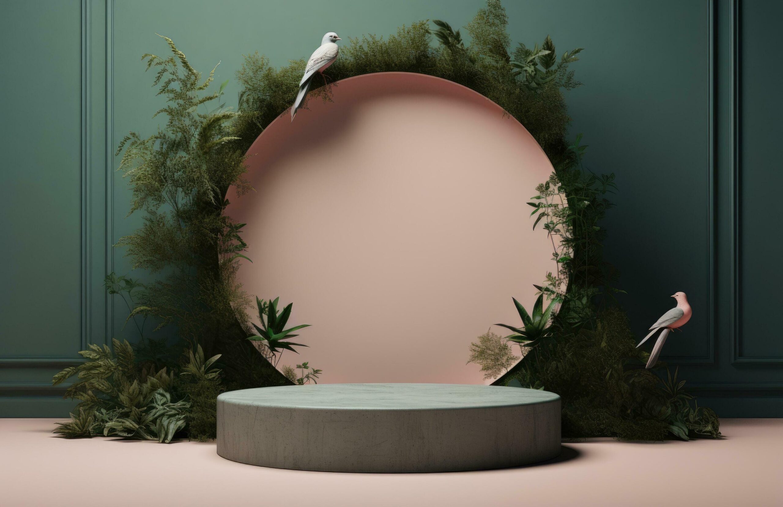 Ai-generated-a-gray-round-pedestal-with-green-foliage-near-a-green-table-free-photo