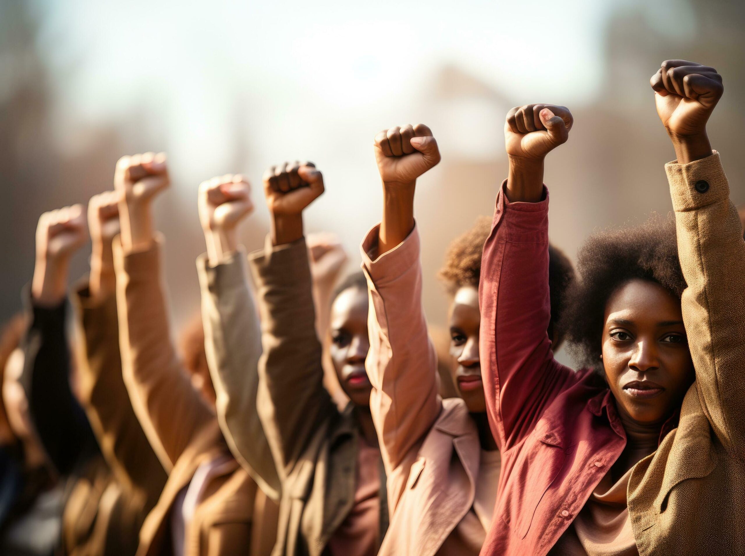Ai-generated-a-group-of-people-holding-up-their-fists-in-different-directions-free-photo