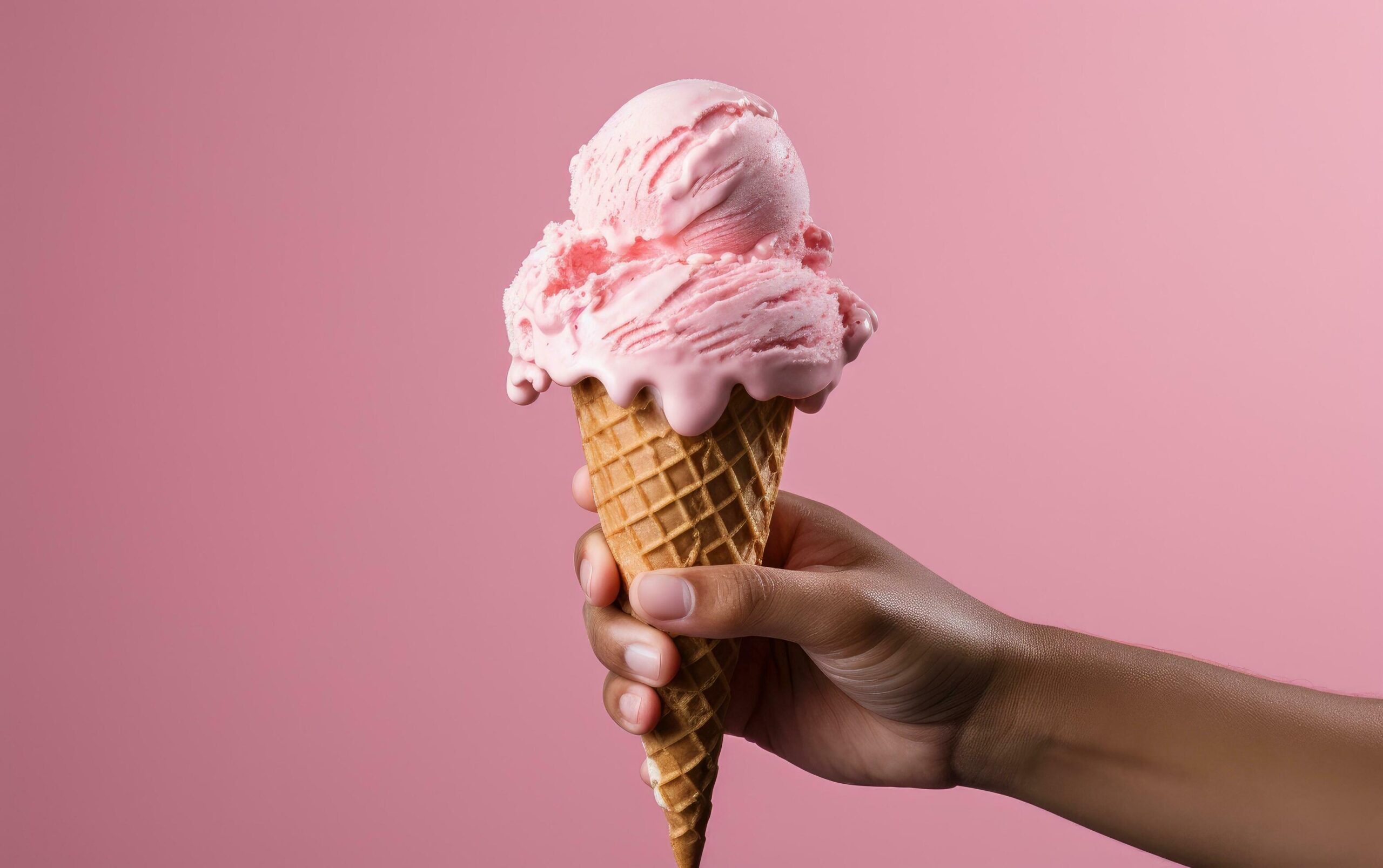 Ai-generated-a-hand-holding-a-pink-cone-of-ice-cream-free-photo