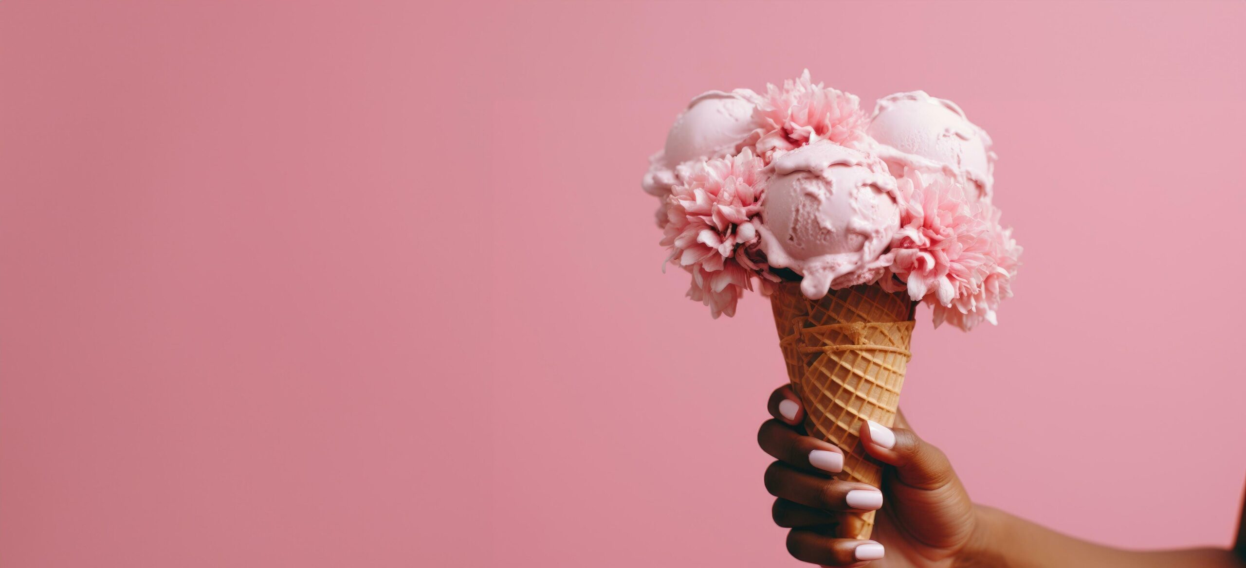 Ai-generated-a-hand-holds-a-pink-ice-cream-cone-in-front-of-a-pink-flower-free-photo