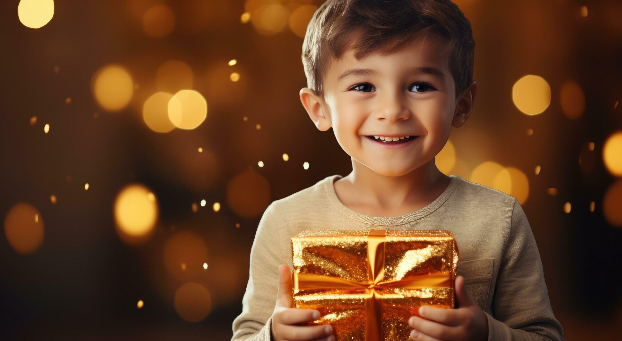 Ai-generated-a-little-smiling-kid-holds-a-gift-box-in-his-hand-free-photo