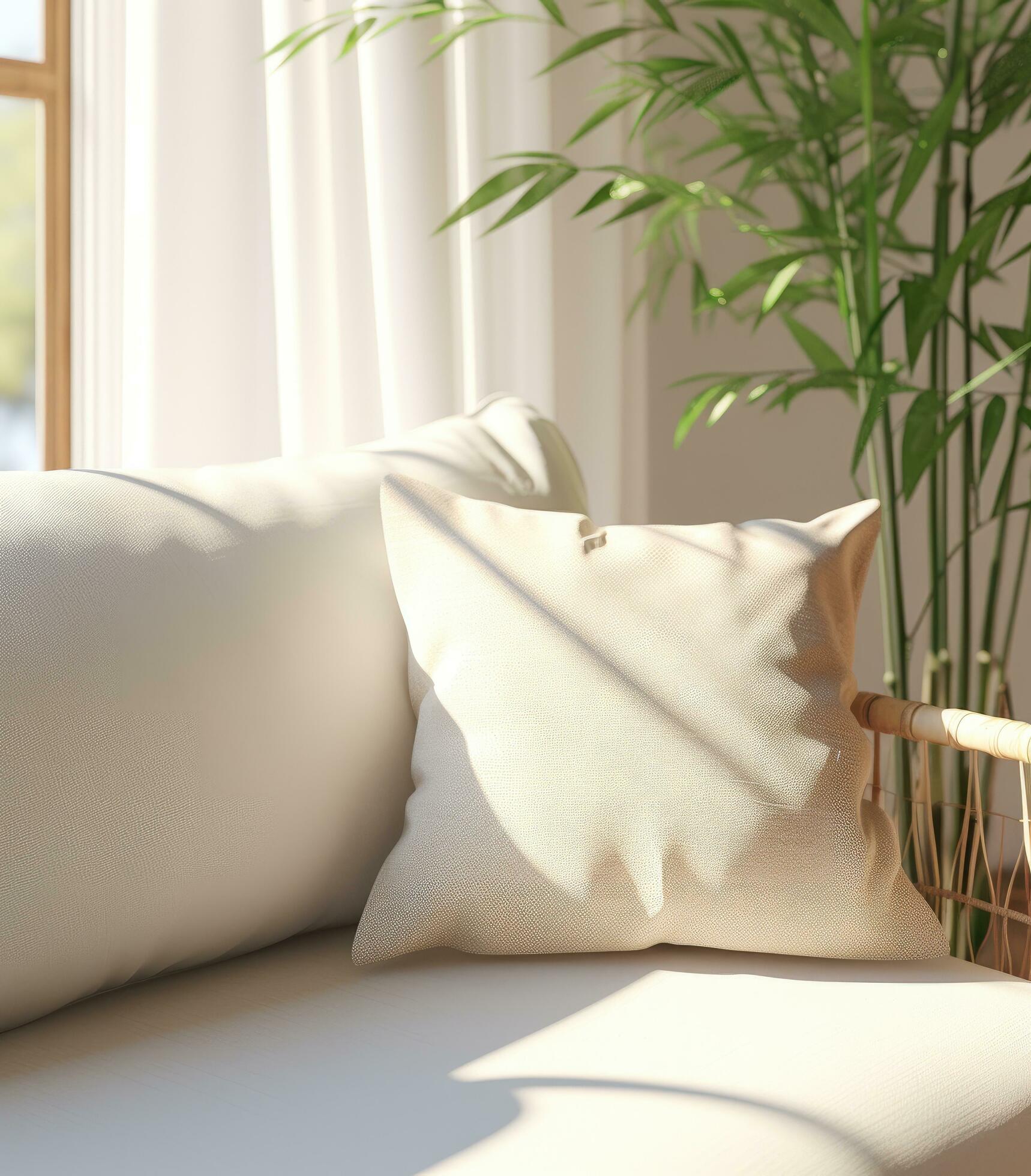 Ai-generated-a-white-cushion-on-a-couch-with-a-bamboo-leaf-on-it-free-photo