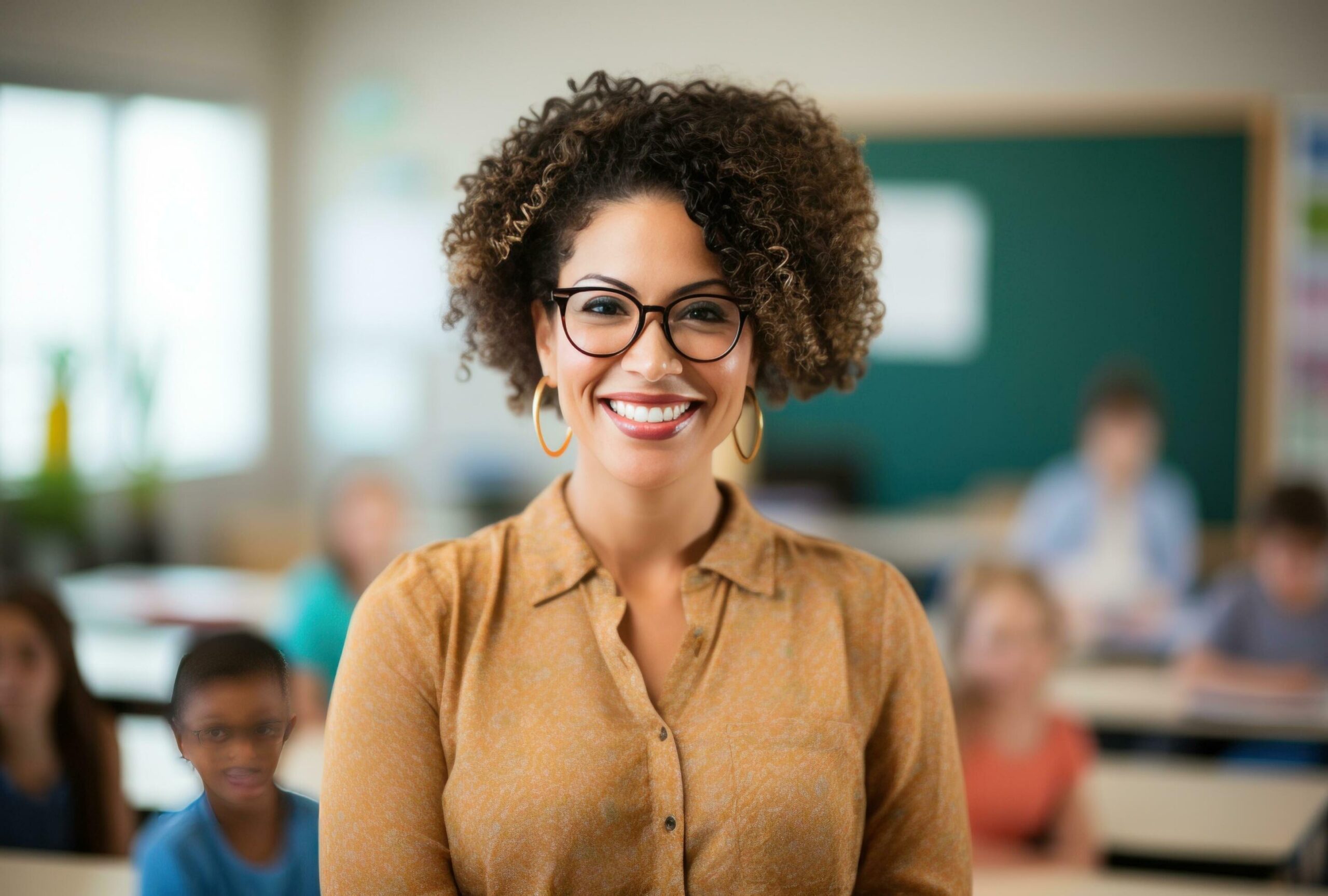 Ai-generated-a-woman-in-glasses-is-smiling-at-the-camera-in-a-classroom-free-photo
