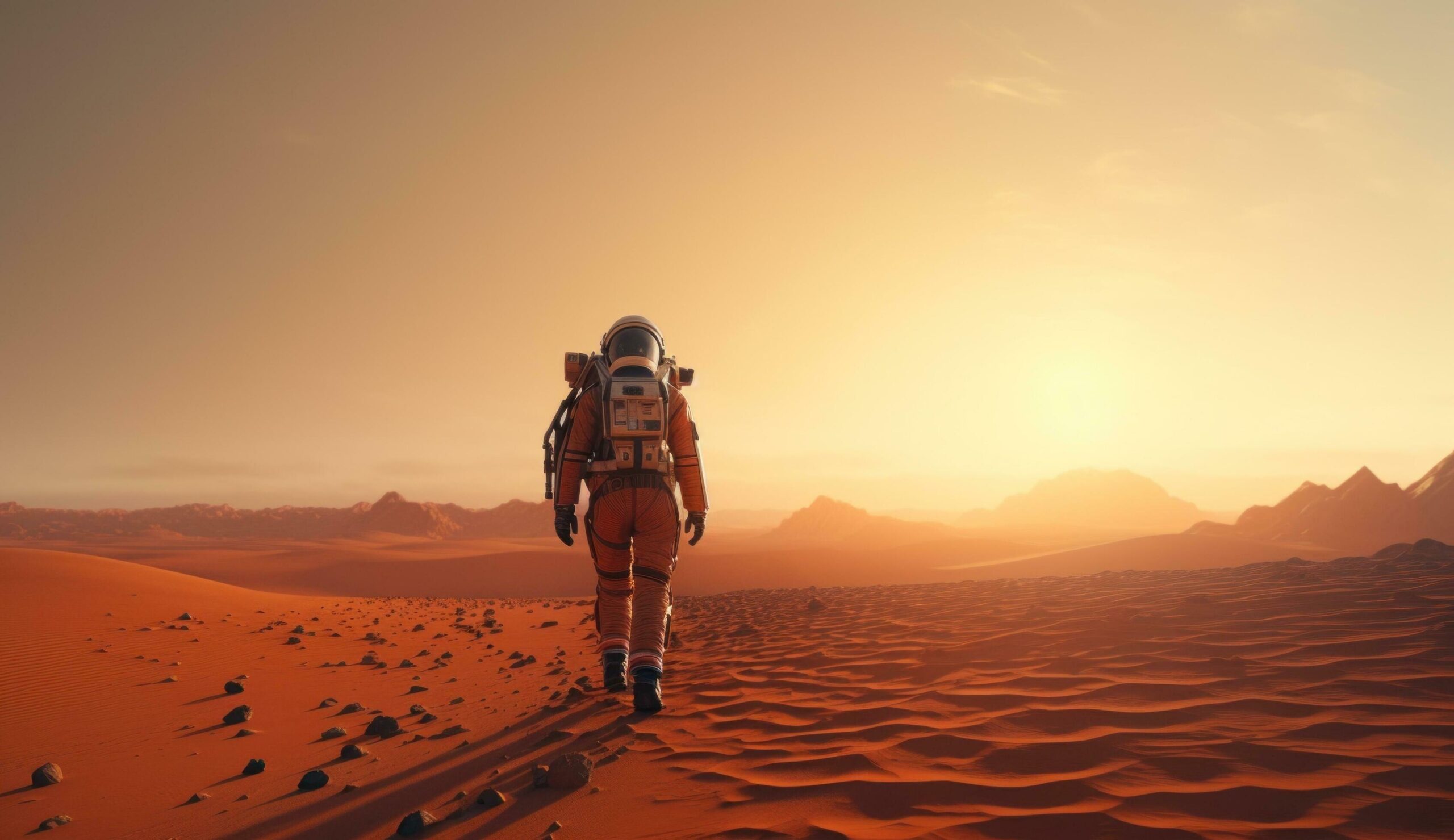 Ai-generated-an-astronaut-walking-along-the-desert-floor-and-planet-free-photo