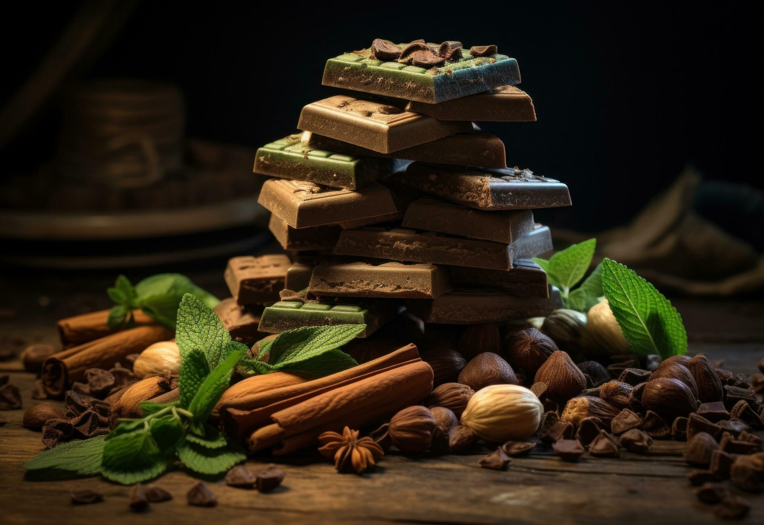 Ai-generated-chocolate-spices-and-nuts-stacked-on-a-wooden-table-free-photo