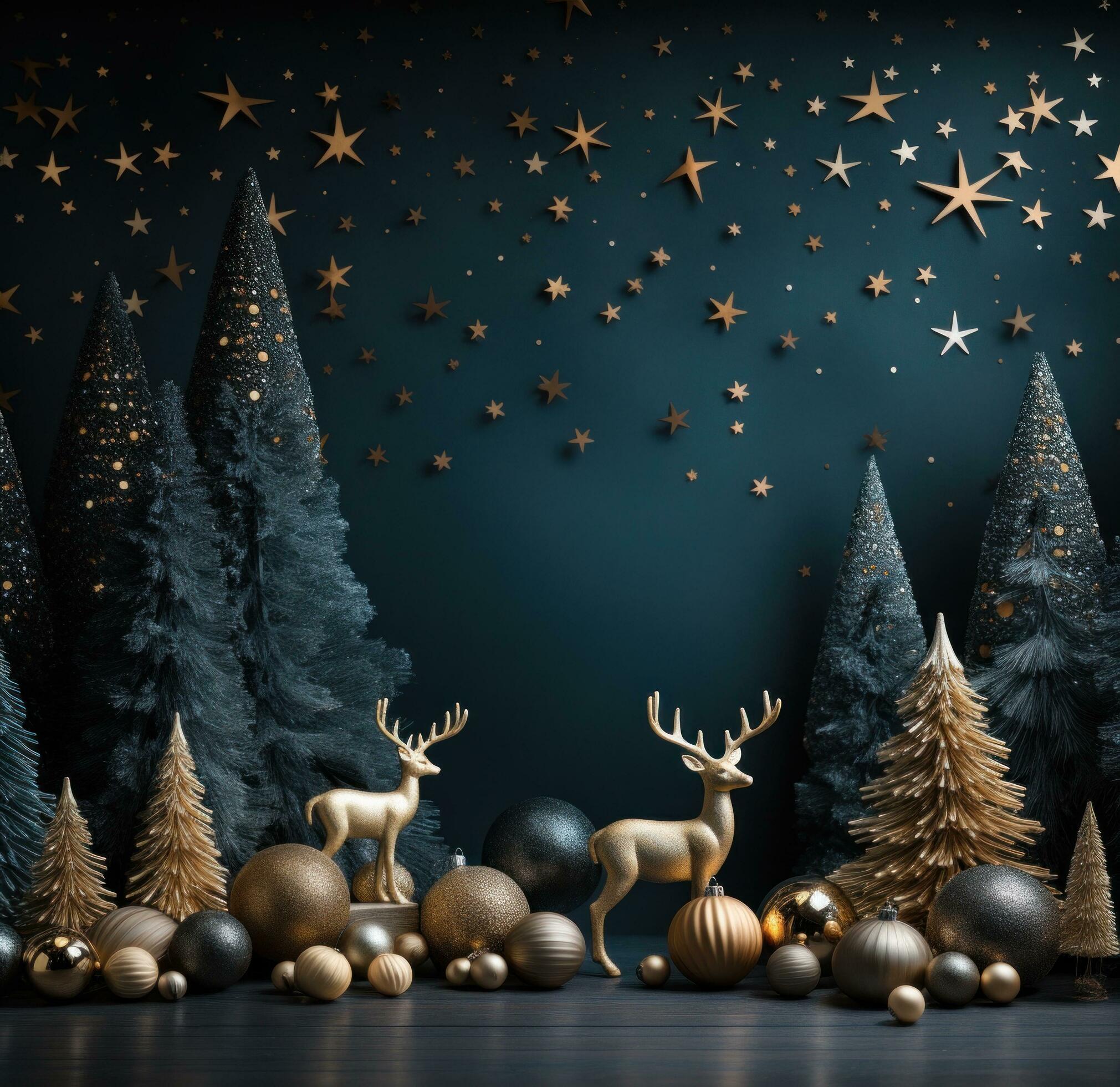 Ai-generated-christmas-holiday-background-with-balls-reindeer-christmas-lights-ornaments-and-stars-free-photo