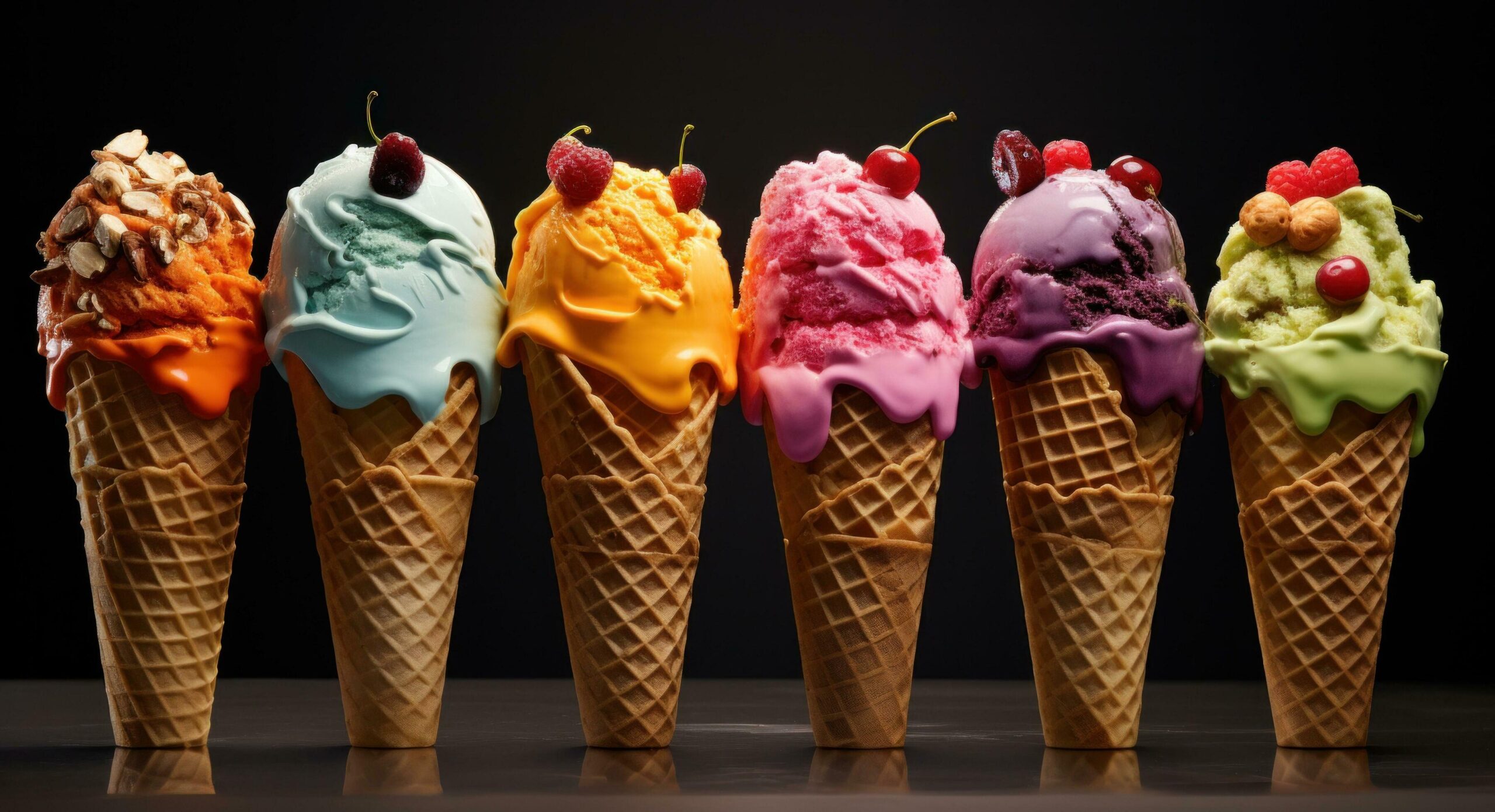 Ai-generated-colorful-ice-cream-cones-with-nuts-and-fruits-free-photo