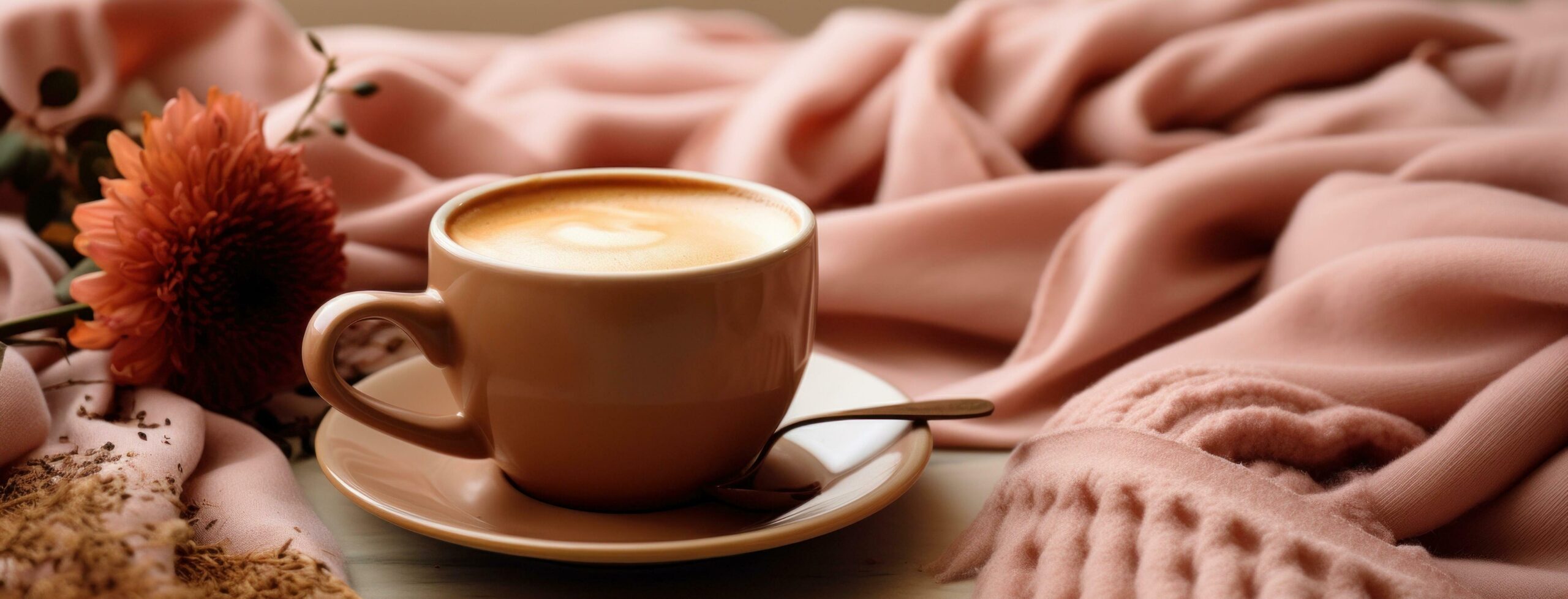 Ai-generated-cup-of-coffee-on-the-warm-pink-blanket-free-photo