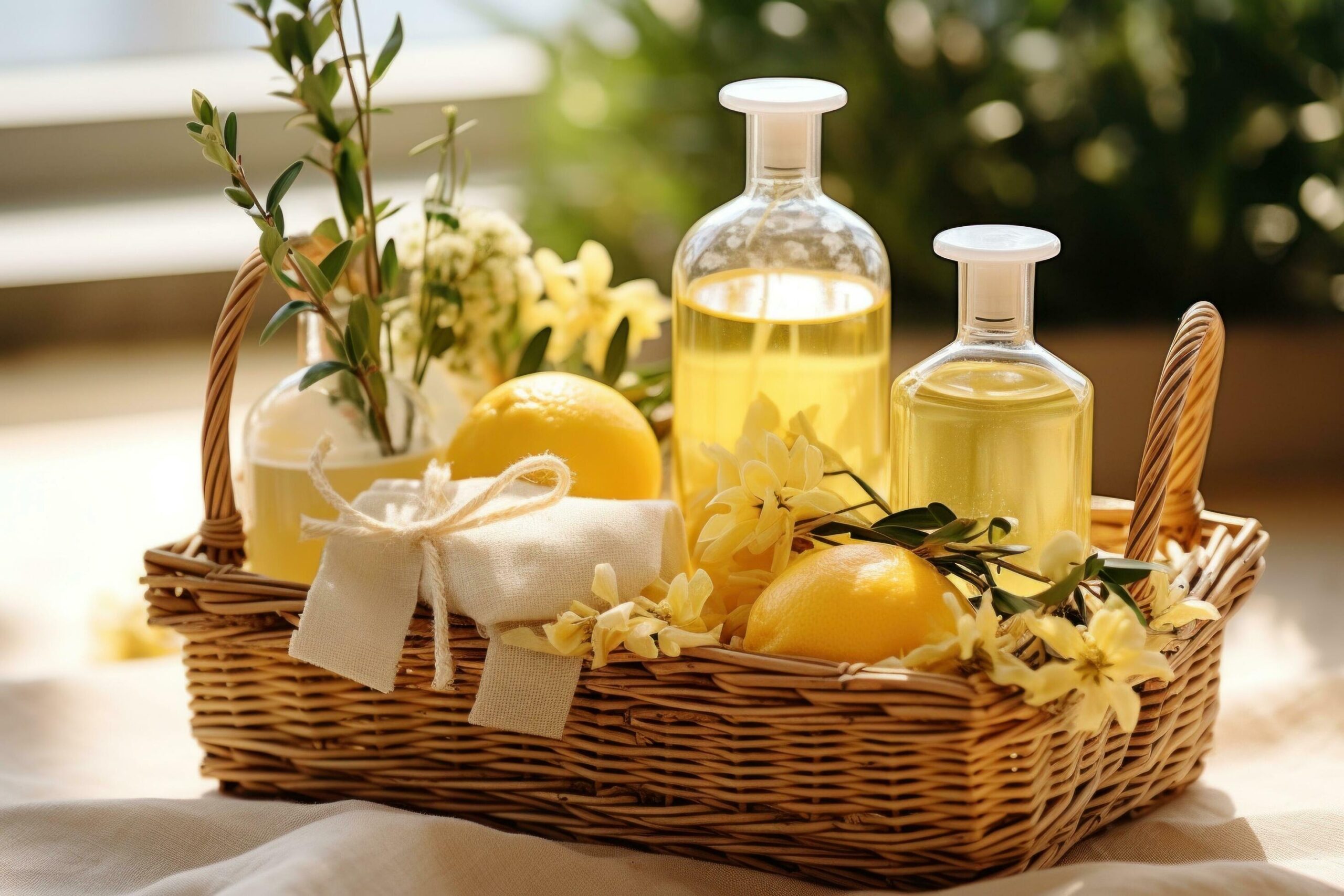 Ai-generated-four-natural-soaps-a-cleaning-spray-and-some-green-plants-in-a-basket-free-photo