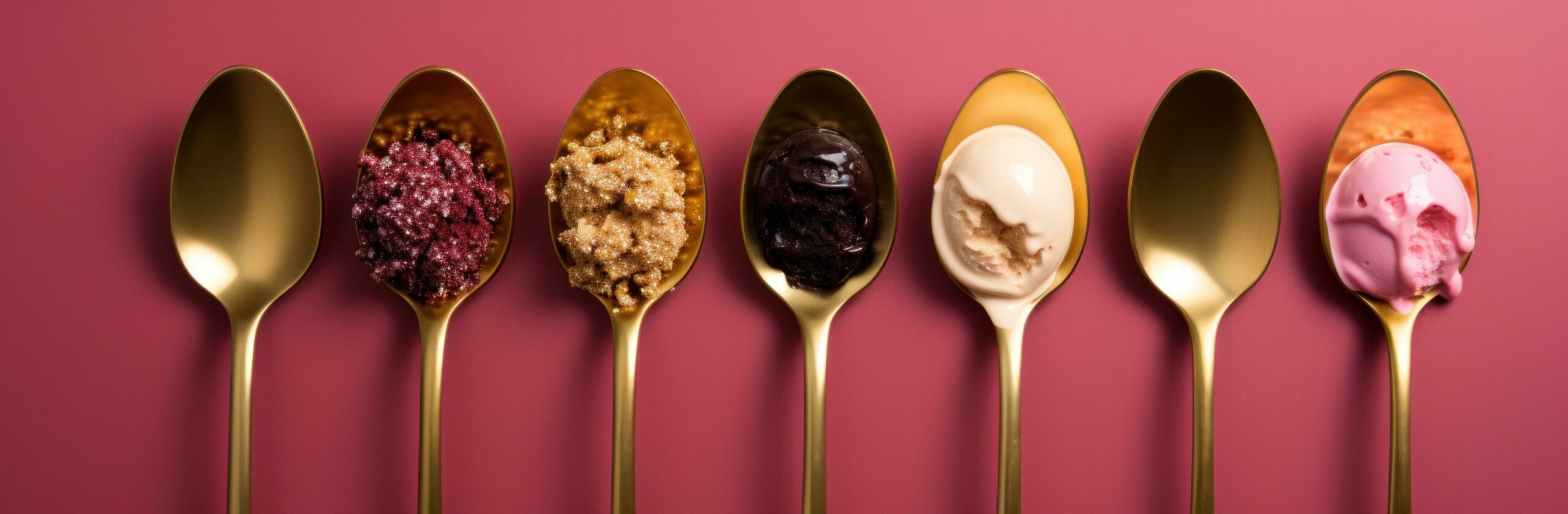 Ai-generated-four-spoons-sitting-on-pink-background-with-different-flavors-of-ice-cream-free-photo