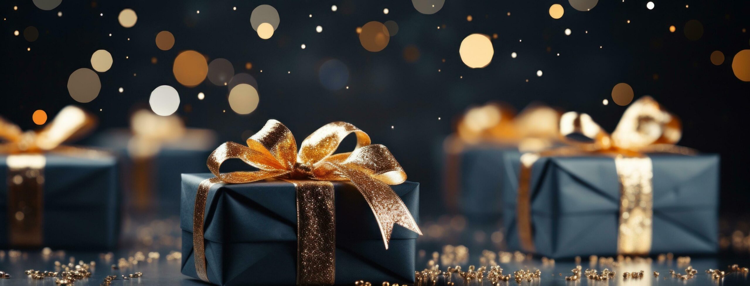 Ai-generated-gifts-wrapped-in-gold-on-a-black-background-with-sparkles-free-photo