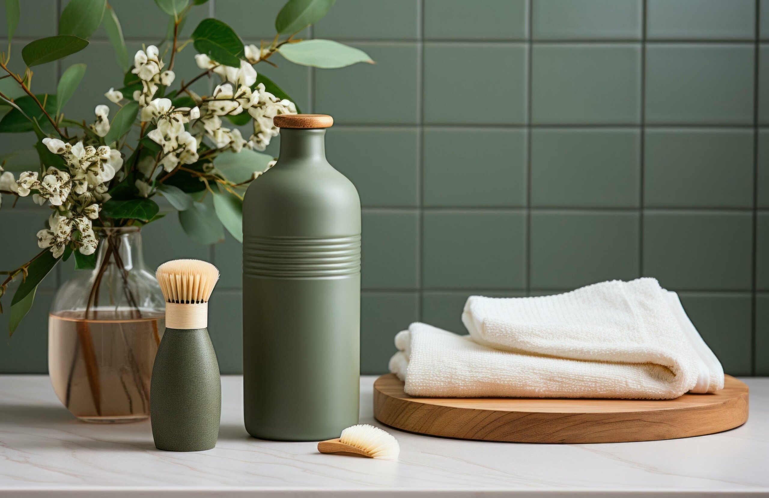Ai-generated-green-bottle-of-shampoo-towel-wooden-brushes-and-herbs-in-a-white-ceramic-bathroom-free-photo