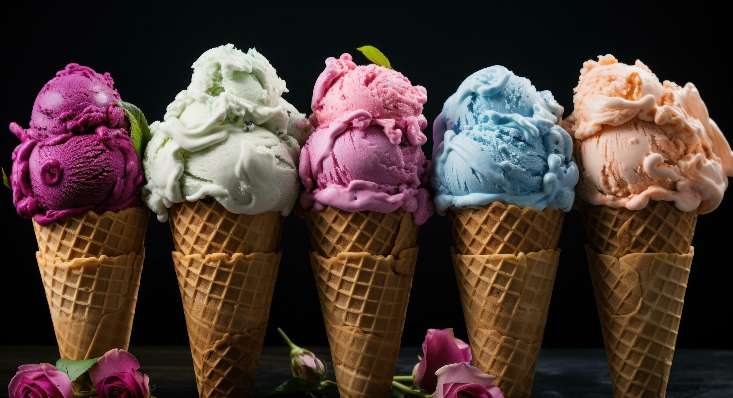 Ai-generated-ice-cream-cones-full-of-different-flavors-of-ice-cream-in-a-gray-background-free-photo