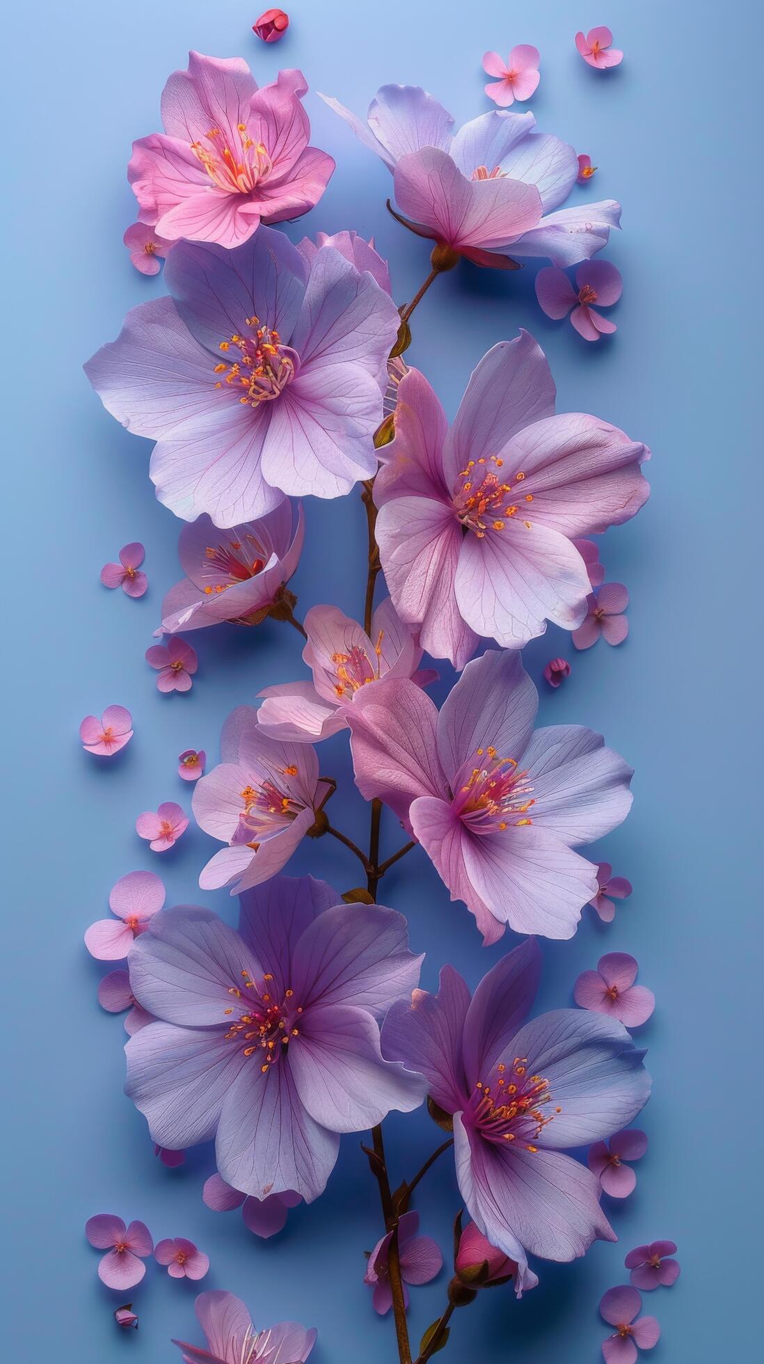 Ai-generated-purple-flowers-close-up-on-blue-surface-free-photo
