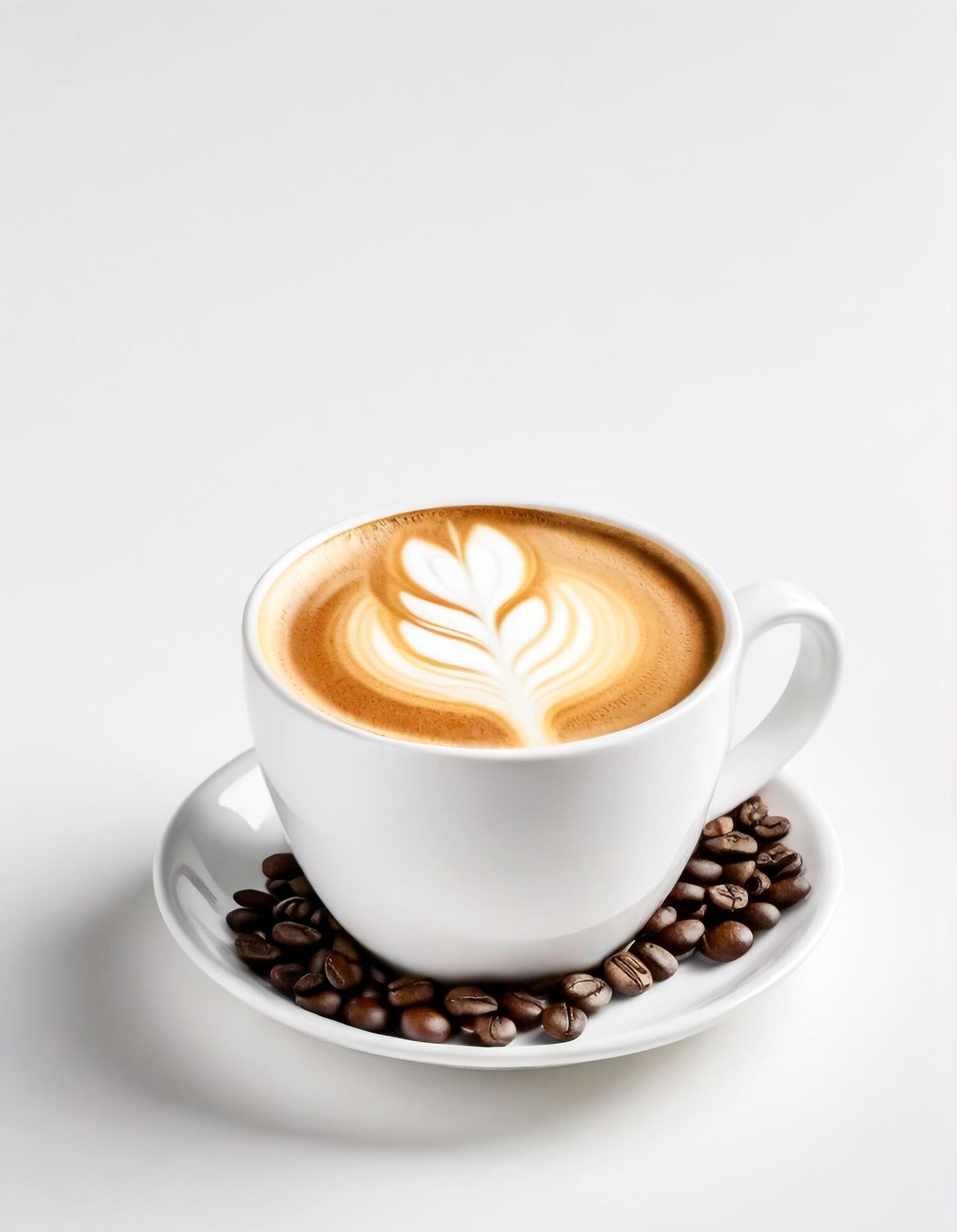 Ai-generated-white-latte-coffee-cup-and-coffee-beans-on-white-background-free-photo