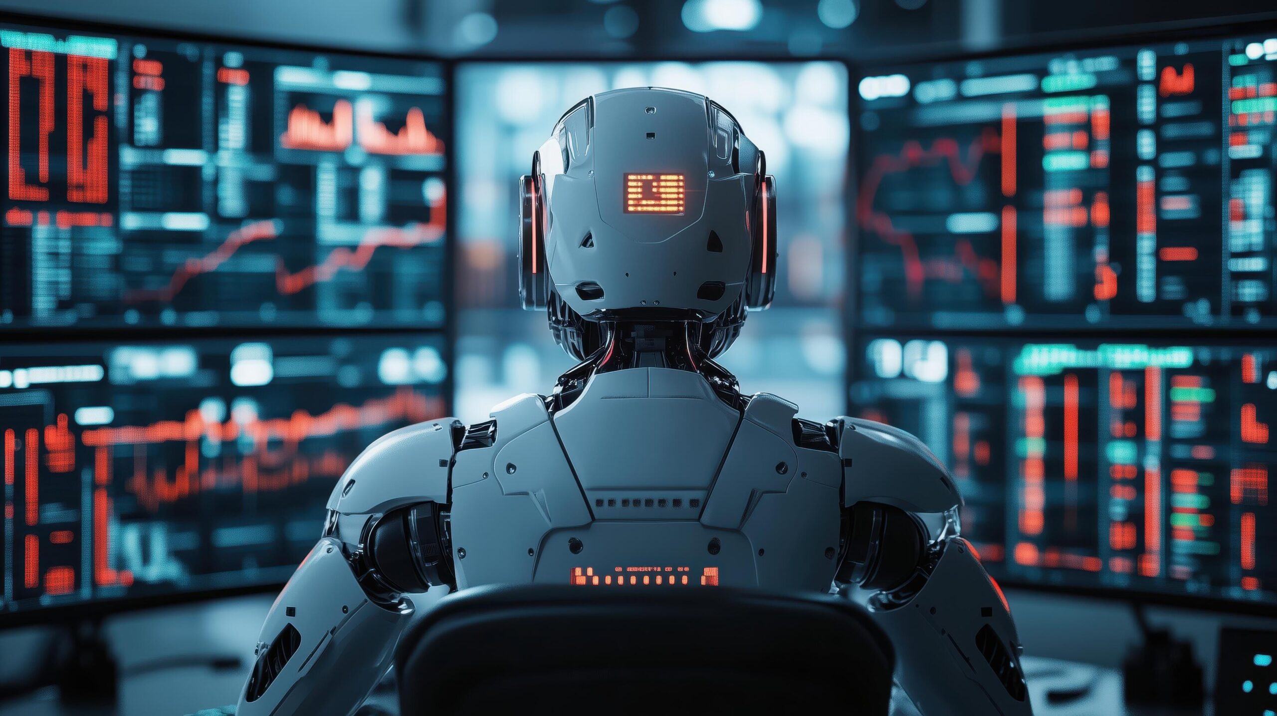 Ai-powered-robot-analyzing-stock-market-data-on-multiple-computer-screens-in-a-dimly-lit-office-free-photo