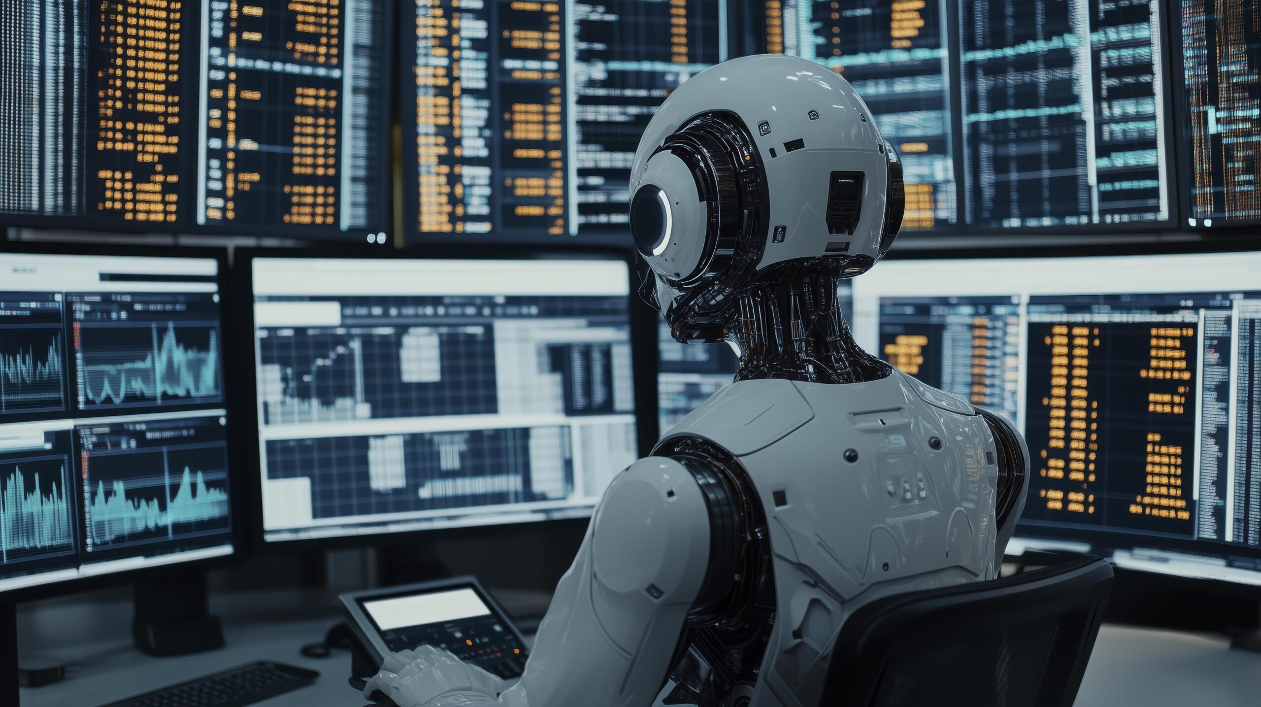 Ai-robot-data-analyst-is-working-late-into-the-night-analyzing-data-on-computer-screens-free-photo