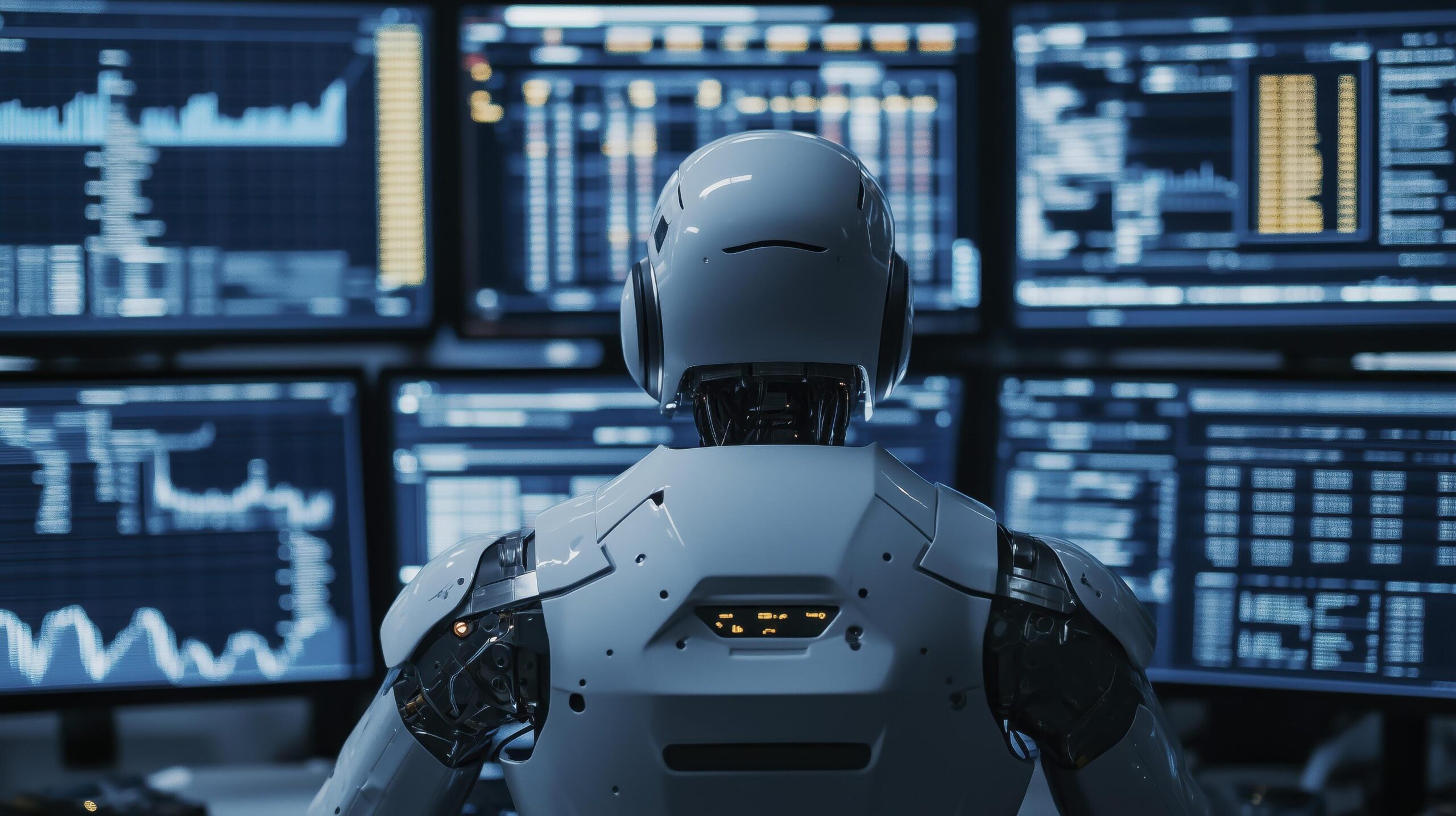 Ai-robot-is-analyzing-big-data-on-multiple-computer-screens-showcasing-the-future-of-finance-and-technology-free-photo