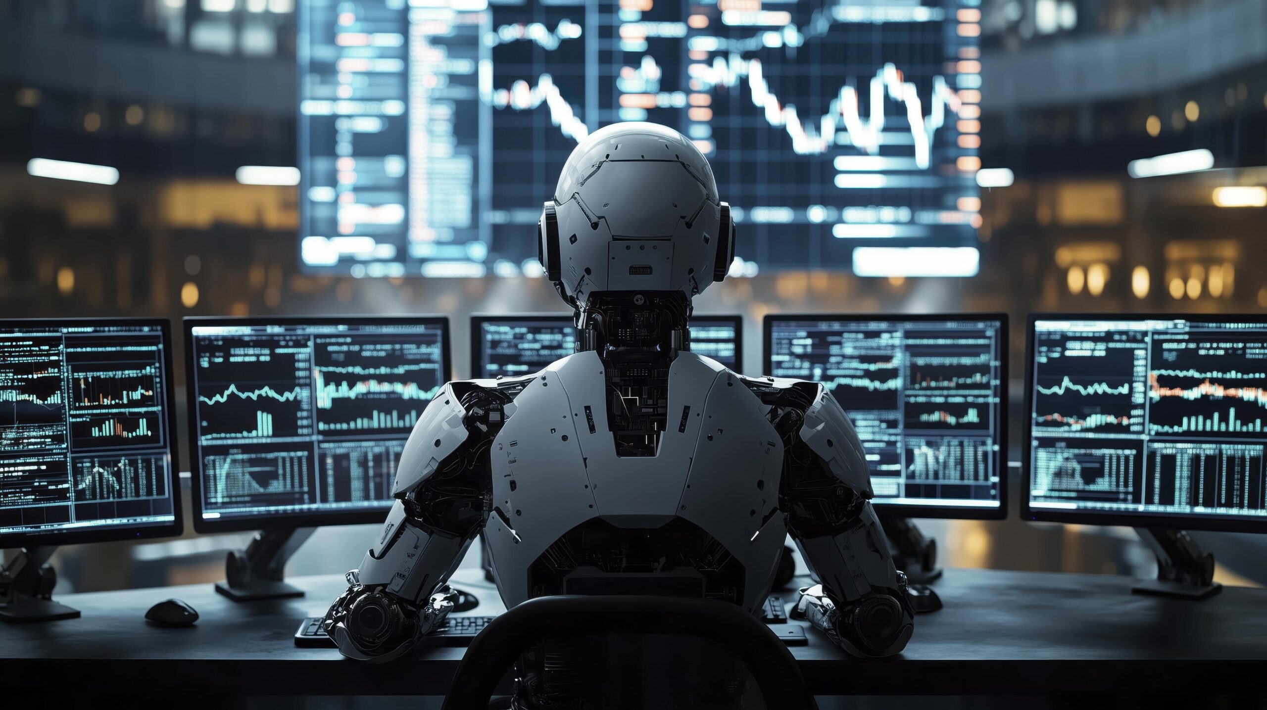 Ai-robot-stock-trader-sits-at-his-desk-monitoring-multiple-screens-displaying-charts-and-data-free-photo
