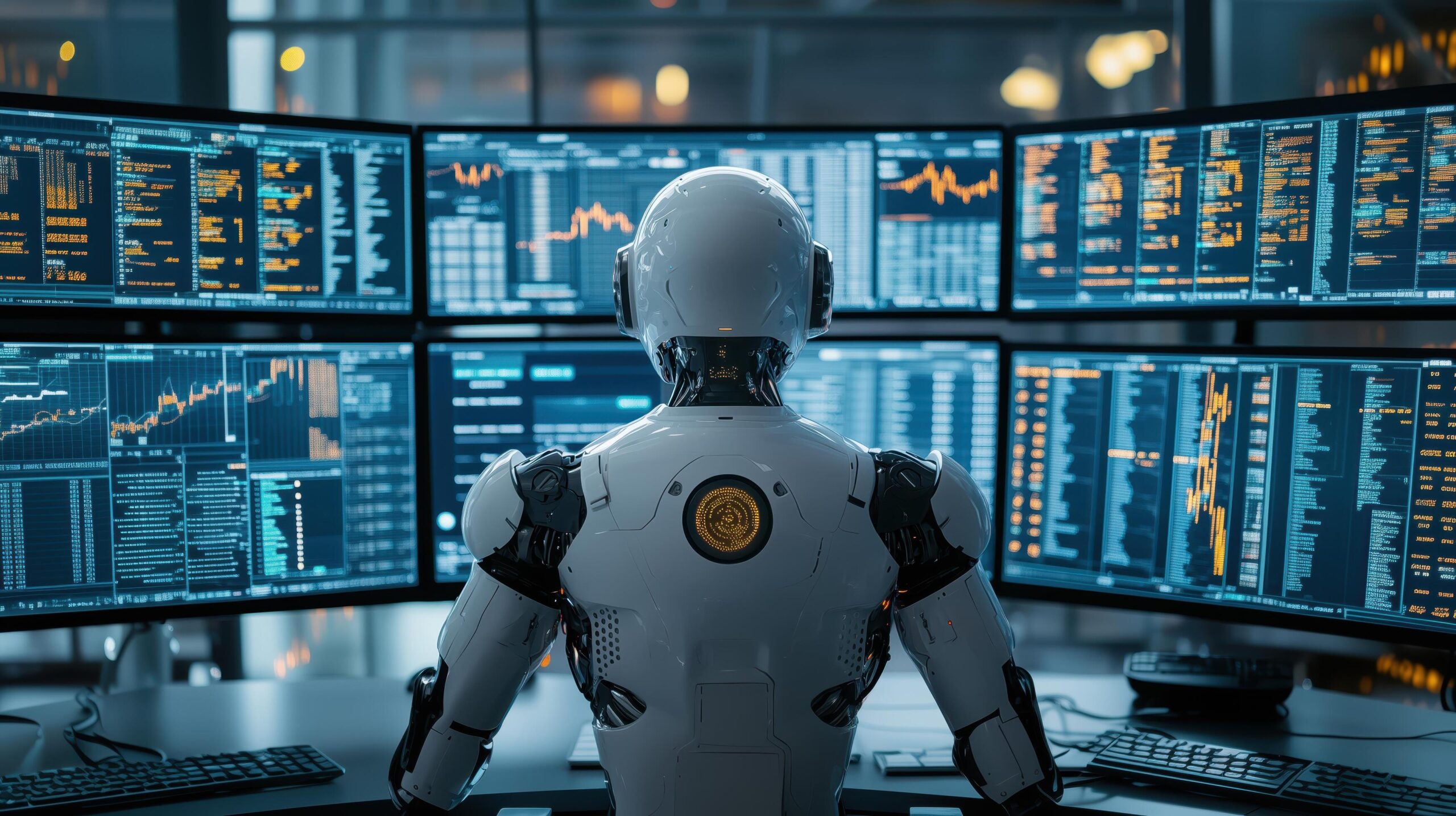 Ai-robot-trader-analyzing-data-and-charts-on-multiple-monitors-in-a-dimly-lit-office-at-night-free-photo