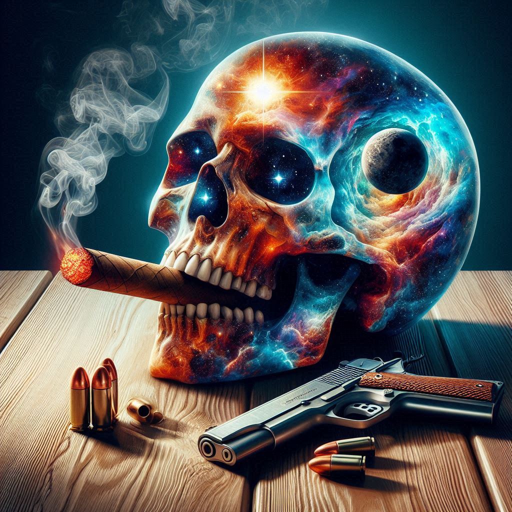 A double exposure digital art style image of a large crystal skull, inside the head of the skull is a star nebula, moon and suns, in the mouth of the skull add a detailed large cigar with vibrant red ash at the end, resting on a beautiful wooden table, add a detailed blue and white 1911 style pistol and detailed 45 acp ammo next to the skull, with smoke in the air, dynamic oil painting, impressionist style, psychedelic, glossy, 64k, uhd detailed