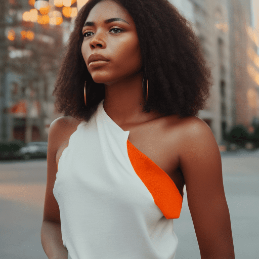 A african american woman with short, wavy brown hair, wearing a orange off-shoulder top, standing in a slight profile with her head turned toward the camera. She gazes softly into the lens, with a blurred urban outdoor setting and soft lighting, creating a reflective and cinematic mood.