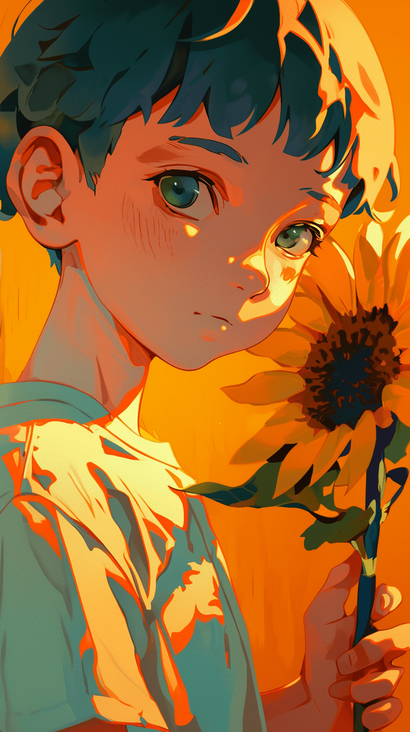 Stylized digital art portrait of a boy with short, spiky blue hair, holding a sunflower, he has deep green eyes and wears a simple white t-shirt, background is a gradient of warm orange and yellow, evoking a sunset glow, thick outlines, flat shading, minimalistic, high contrast, hd quality, natural look --ar 9:16 --style raw --stylize 50 --niji 6