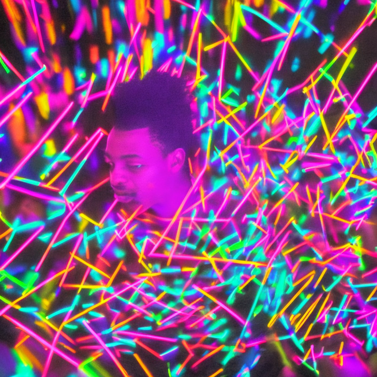 A person in the middle of a party, baskiat style, neon colors, blue, purple, pink.