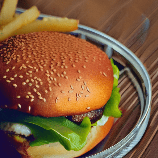 A close-up of a gourmet burger with a juicy beef patty, melted cheese, lettuce, tomato, and a sesame seed bun. Crinkle-cut fries and small red peppers are captured mid-air, falling onto the burger. The background is dark, highlighting the vibrant colors and textures of the food. The composition is dynamic and appetizing, emphasizing the fresh ingredients and dramatic presentation.
