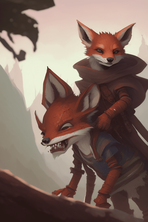 Cartoon illustration, fox portrait, dnd, feral kobold, rusted scales, wearing a tattered and baggy tunic, hooded, wielding twin axes, wiry, unreal engine, greg rutkowski, loish, rhads, beeple, makoto shinkai and lois van baarle, ilya kuvshinov, rossdraws, tom bagshaw, alphonse mucha, global illumination, detailed and intricate environment