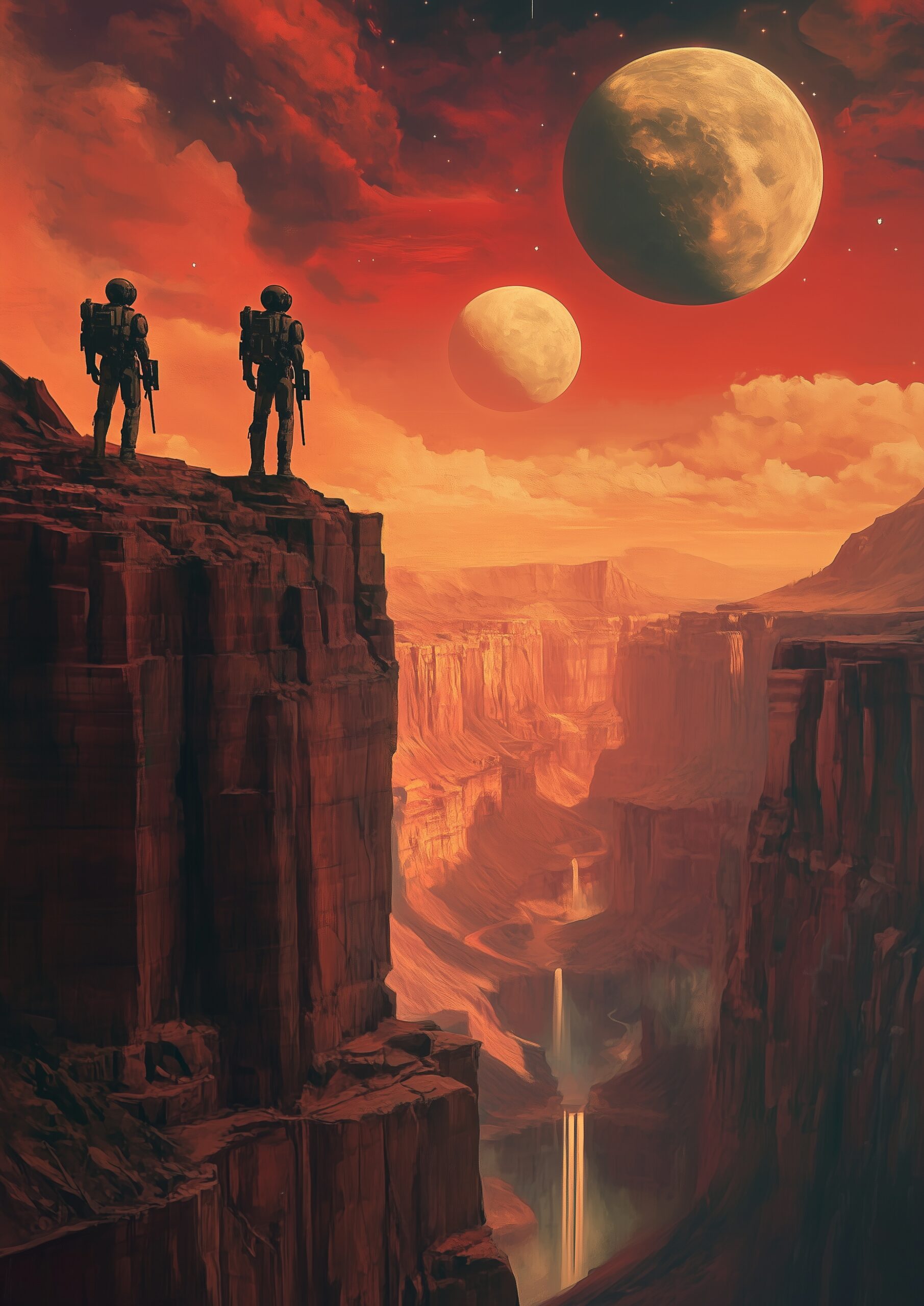 Two robot soldiers stand on the edge of an alien canyon, watching as their spaceship rises towards two moons in a red sky, in the style of maxfield parrish and atey ghailan. --ar 91:128 --v 6. 1