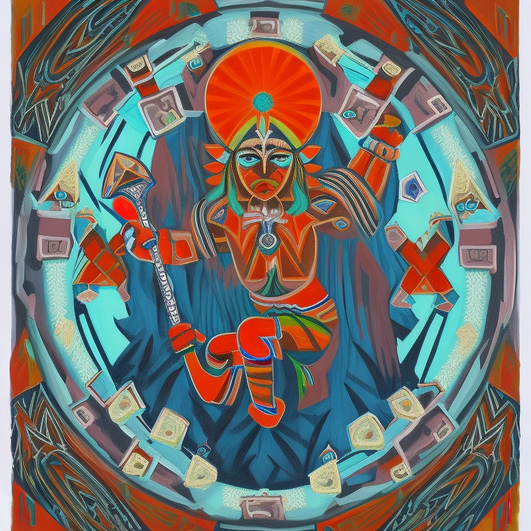 Indian fox shaman, suspended mid-air, with elongated arms clutching a shattered sword and encircled by luminescent diamond runes, enveloped in sacred geometric patterns, amidst towering mountains shrouded by misty clouds, artstation concept art, traditional acrylic illustration akin to adventure time and cartoon network's animation, acrylic painting, trending on pixiv fanbox, palette knife and brush strokes, style of makoto shinkai jamie wyeth james gilleard edward hopper greg rutkowski studio ghibli genshin impact