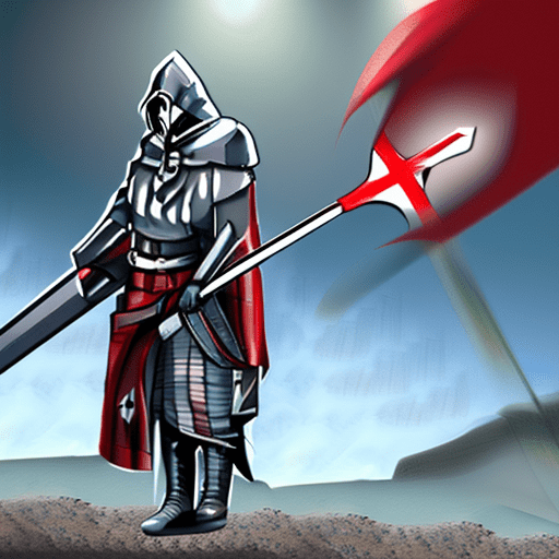 Anime style, solo, 1knight templar, grey armour, shield with a red cross, using a shield, two-handed sabre, red cloak, standing, solemn pose, wind, holding a two-handed saber, desert, full armor, hd, sfw