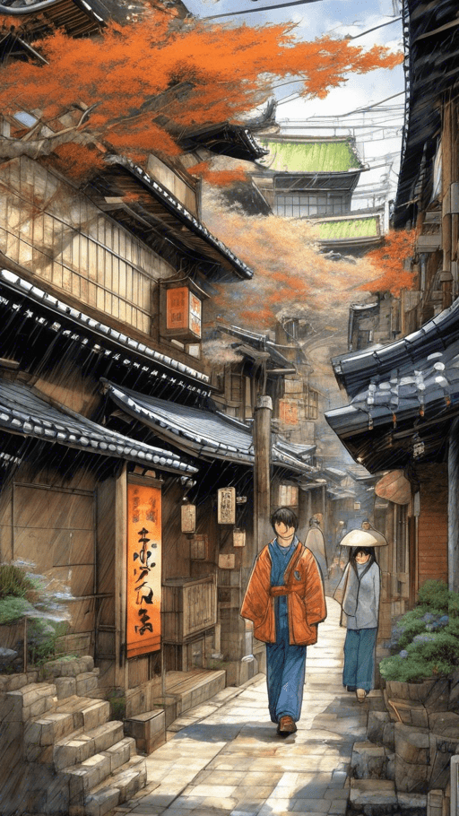 Kyoto, walking tour shenmue, in the style of hinchel, villagecore, manga-influenced, spiritual resonance, high quality, john salminen, multi-layered