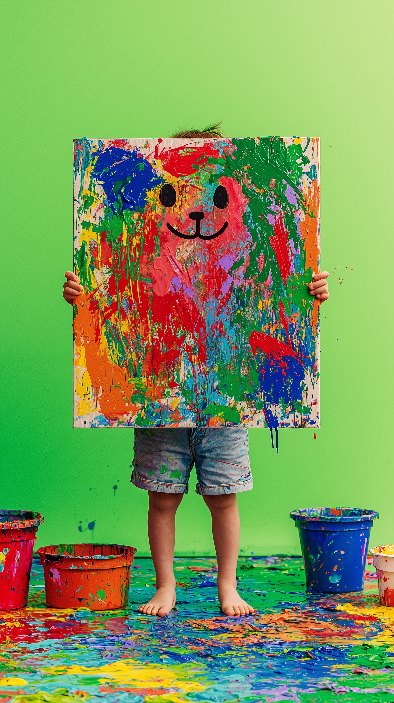 Vibrant Cute Animal Painting By A Child, Full Body Shot, Animal Painting Is Very Cute, Toddler Holding A Large Canvas Bigger Than His Body, Eyes Peeped Out 45 Degree, Splattered With Colorful Paint, Red, Blue, Green, And Yellow Dominant, Messy Floor With Paint Buckets, Bare Feet Standing In Paint Puddles, Vibrant Green Room Background, High-Contrast, Playful And Energetic Scene, Fine Art Photography Style, Photorealistic, 4K, Rich Detailing --Ar 9:16 --Quality 2 --Style Raw --V 6. 1 Prompthero Prompt 0Ab3Ec0778B Vibrant cute animal painting by a child, full body shot, animal painting is very cute, toddler holding a large canvas bigger than his body, eyes peeped out 45 degree, splattered with colorful paint, red, blue, green, and yellow dominant, messy floor with paint buckets, bare feet standing in paint puddles, vibrant green room background, high-contrast, playful and energetic scene, fine art photography style, photorealistic, 4k, rich detailing --ar 9:16 --quality 2 --style raw --v 6. 1