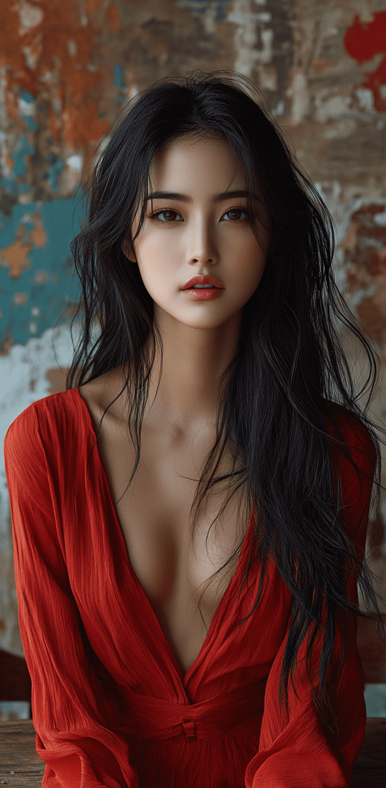 A photo of stunning asian model with long black hair, sitting a table wearing an oversized red shirt, photorealistic, background features a textured wall painted in different colors, adding depth to the scene, confident pose, style and emotion, high quality, shot on a sony a7 iii --ar 63:128 --stylize 750 --v 6. 1