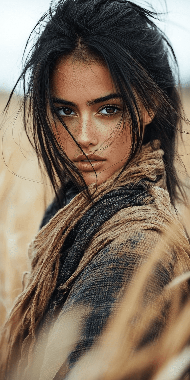 Woman in a field dressed for a fashion shoot facing the camera, in the style of daria endresen, kris knight, scottish landscapes, light navy and dark brown, georg jensen, intense close-ups, matte photo --ar 1:2 --personalize 2gwf1qc --stylize 750 --v 6. 1