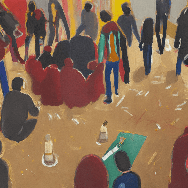 Lone person in the middle of a party, painting by baskiat