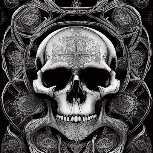 Skulls, tendrils, dark atmosphere, cinematic, psychedelic, collourfull line work, ornate, symmetrical, style raw,